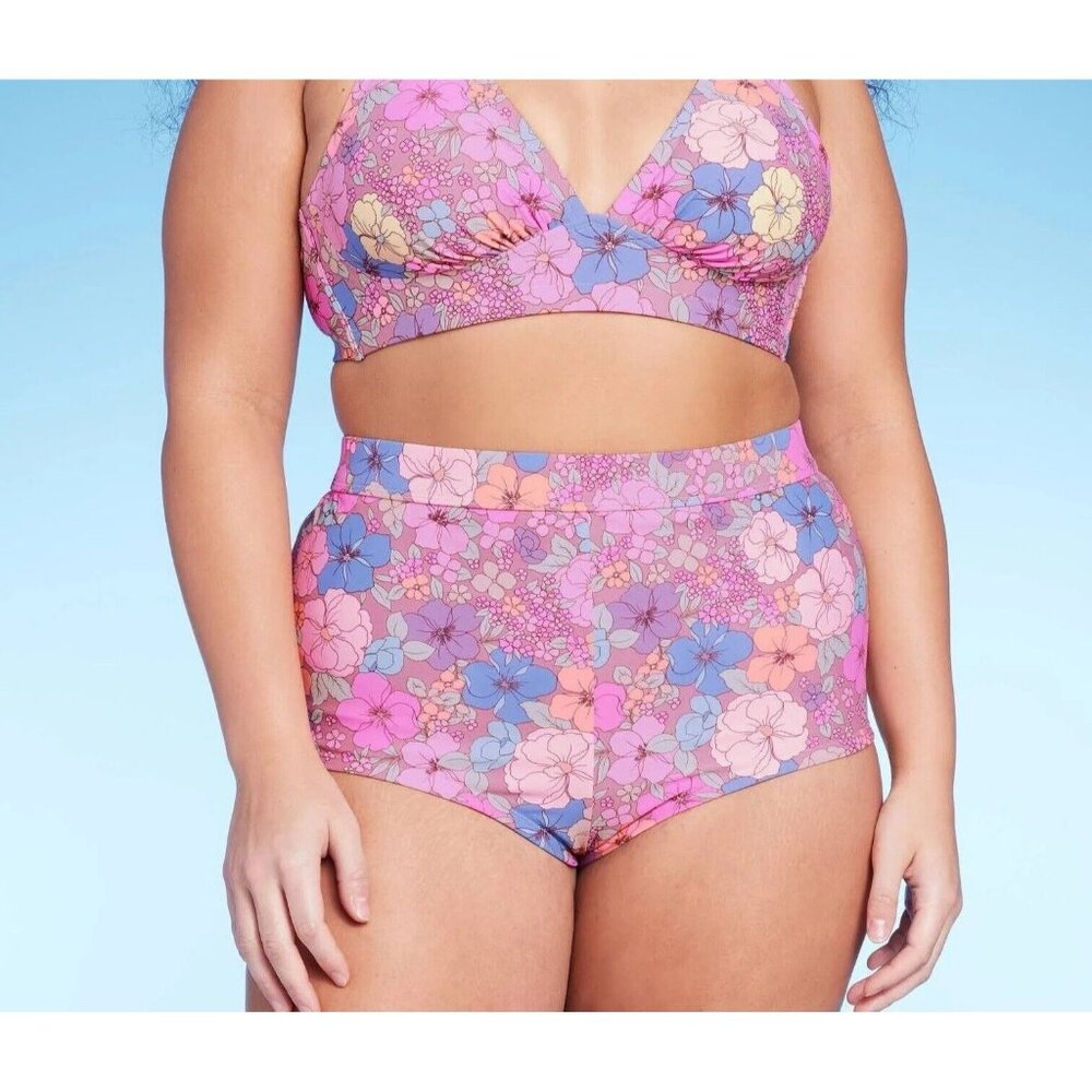 Wild Fable 1X 17/18 Purple Floral Print High Waist Cheeky Boy Shorts Swim Bottom